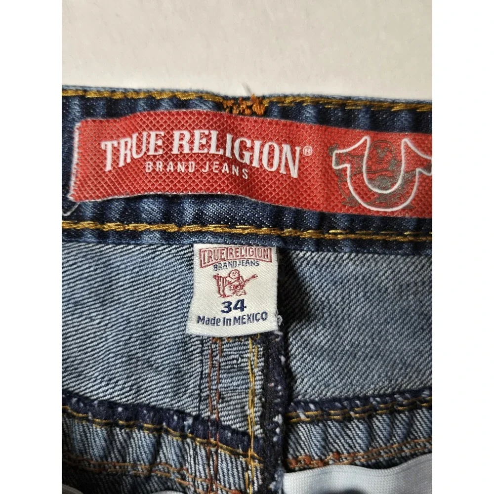 True Religion Mens Denim Jeans 34x25 Medium‎ Wash Orange Stitching